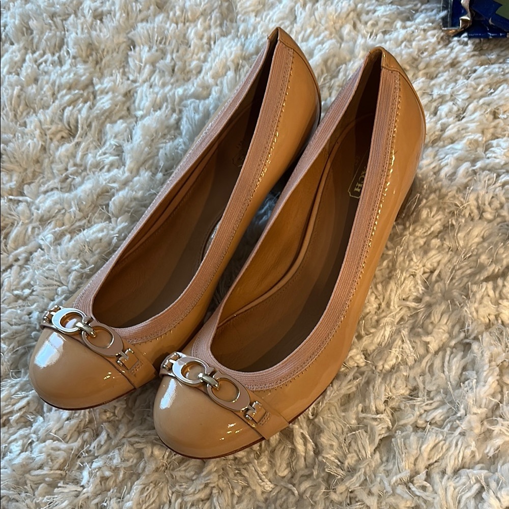 Coach Tan Leather Flats with Silver Detail